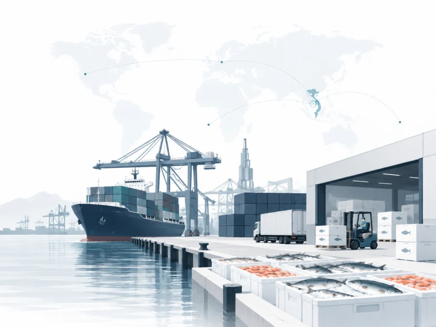 Illustration of seafood shipment and port logistics, representing CTA Vietnam trading activities
